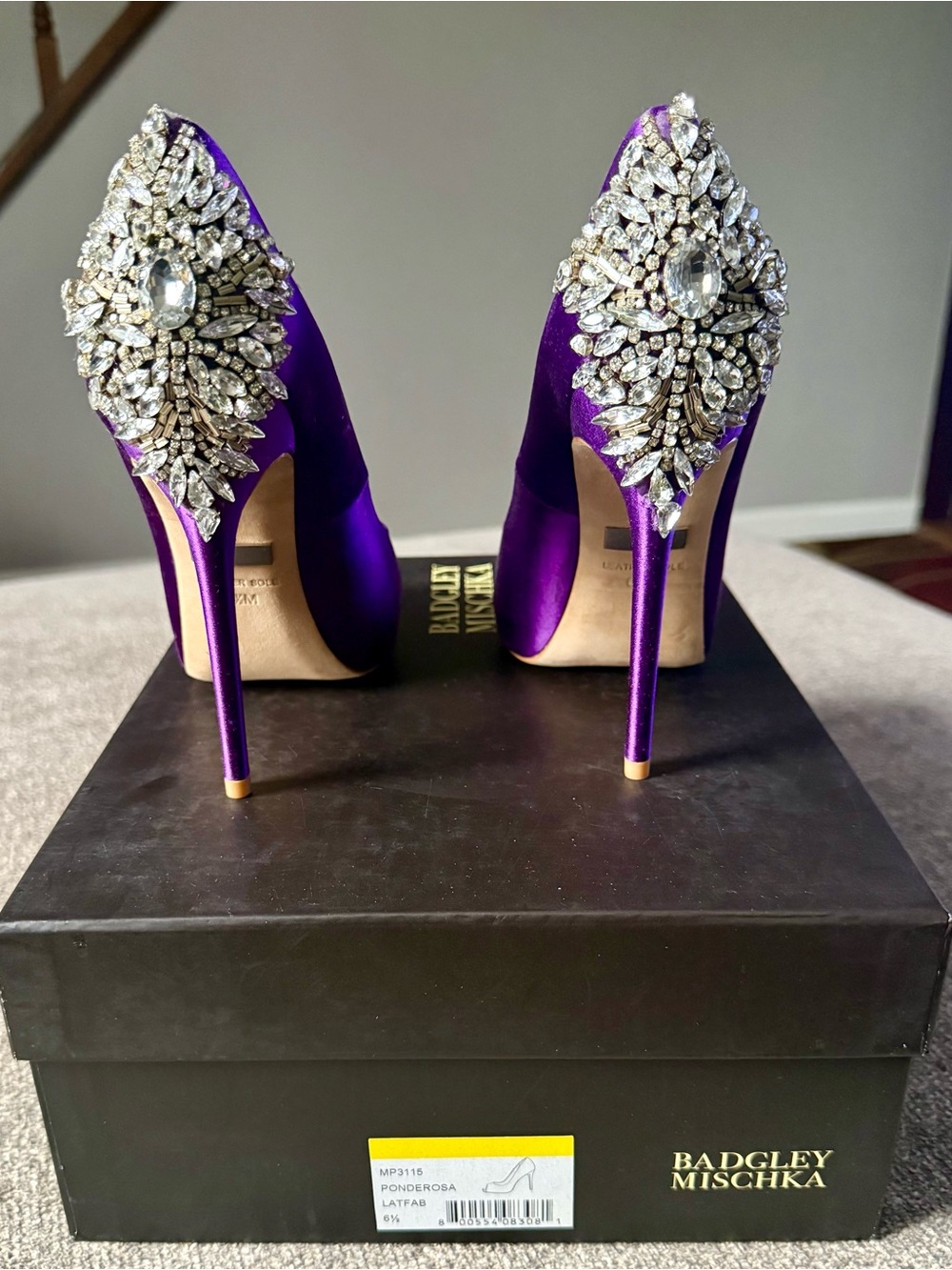 Badgley Mischka Purple Crystal-Embellished Satin Stilettos